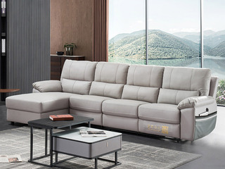  现代简约 头层牛皮+实木框架+公仔棉 120-150°电动沙发 澄净灰 3+1+右贵妃（此产品有短途物流费）