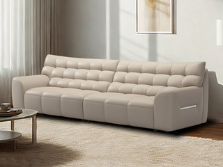  极简风格 大黑熊真皮沙发 进口头层牛皮 云端坐感舒适躺卧 饱满拉点靠包 敦实宽厚圆润扶手 侧边精致金属装饰 奶茶色 四人沙发（此产品有短途物流费）