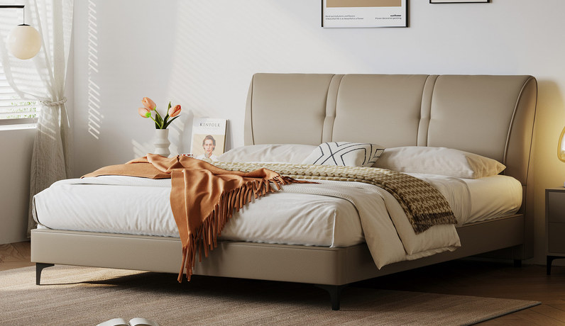 歌迪 极简风格 亲肤细腻仿真皮 优雅流畅拉线工艺 人体工学倾角 一体式宽大曲面软靠 饱满柔弹倚靠舒适沉浸式释压体验 明茶褐 1.5*2.0米床（搭配10公分松木排骨架）