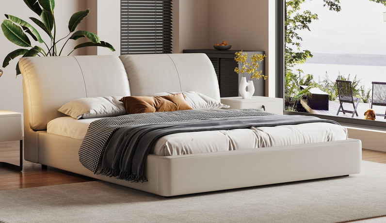 歌迪 极简风格 温润细腻仿真皮 柔韧细腻 蓬松饱满羽绒+Q弹柔软高密度海绵 独立双靠包弯曲弧度分段式受力 杏仁白 1.8*2.0米床（搭配10公分松木排骨架）