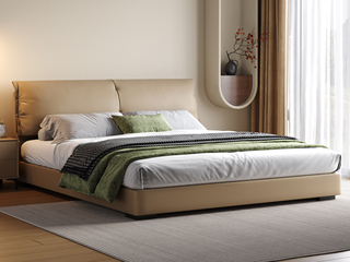  意式极简 大象耳朵真皮床 豪奢大面积真皮床头 高定头层黄牛皮 巨量蓬松羽绒+高密度海绵软弹大靠包 俄罗斯落叶松实木框架 1.8*2.0米床（搭配10公分松木排骨架）