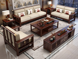  新中式 进口实木沙发  自然清晰实木纹理 透气亲肤棉麻布 镂空靠背扶手 金色装饰线条 沙发组合 单人位+单人位+三人位（效果图为1+2+3 此配置为1+1+3）