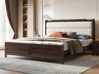  新中式  高品级进口乌金木 透气耐磨仿真皮 竖条拉线高弹靠包 五金装饰 白色 1.8*2.0米 实木床（搭配静音床板条）