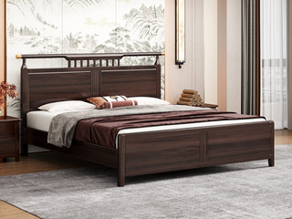  新中式  高品级进口乌金木 匀称格栅装饰 五金装饰点缀 乌金色 1.8*2.0米 实木床（搭配静音床板条）