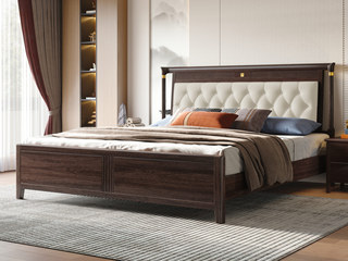  新中式  高品级进口乌金木 细腻舒适仿真皮 匀称深拉点不易跑位 柔软高弹海绵舒适承托 乌金色 1.5*2.0米 实木床（搭配静音床板条）