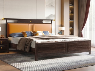  新中式  高品级进口乌金木 细腻柔韧仿真皮 柔软高弹海绵舒适承托 橘色 1.8*2.0米 实木床（搭配静音床板条）