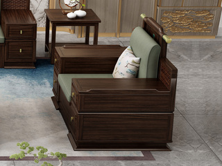  新中式实木沙发 甄选进口金丝檀+乌金木 典雅官帽设计 实木储物扶手 柔软舒适猫抓皮  乌金色 单人位沙发（抱枕花色随机）