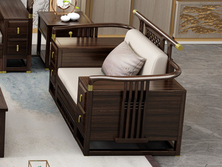  新中式实木沙发 甄选进口金丝檀+乌金木 典雅官帽+镂空鱼鳞纹设计 搭配耐磨猫抓皮软包   乌金色 单人位沙发（抱枕花色随机）