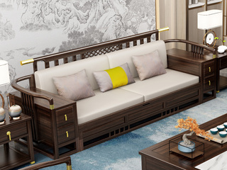  新中式实木沙发 甄选进口金丝檀+乌金木 典雅官帽+镂空鱼鳞纹设计 搭配耐磨猫抓皮软包   乌金色 三人位沙发（抱枕花色随机）