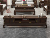 檀雅居 新中式 高品级金丝檀木+进口乌金木 多元化开放格储物+抽屉 鱼鳞纹装饰点缀 乌金色 2.2米 电视柜