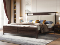 檀雅居 新中式  高品级进口乌金木 细腻柔韧仿真皮 柔软高弹海绵舒适承托 白色 1.5*2.0米 红檀色实木床（搭配静音床板条）