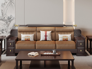  新中式实木沙发 甄选进口金丝檀+乌金木 设计感拼花纹理金线装饰 实木储物扶手 柔软舒适猫抓皮  乌金色 三人位沙发（抱枕花色随机）