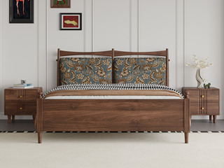  中古风 进口红斑马 质感柔润纹理自然 小清新金丝拉花面料 独立双靠包高弹饱满海绵 1.8*2.0米 实木床（搭配满铺油漆床板）