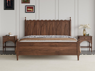  中古风 进口红斑马 波浪纹床头装饰 复古拱门造型 水珠立柱优雅坚固 1.5*2.0米 实木床（搭配满铺油漆床板）