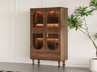  中古风 进口红斑马 质感柔润纹理自然 竖纹嵌合抽面造型 透亮易清洁玻璃 餐边柜（不含灯带）