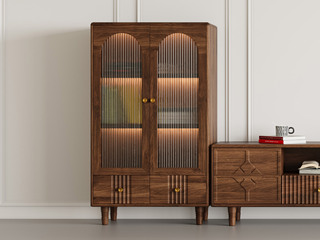  中古风 进口红斑马 质感柔润纹理自然 设计感竖纹装饰抽面 透亮易清洁玻璃 餐边柜（不含灯带）