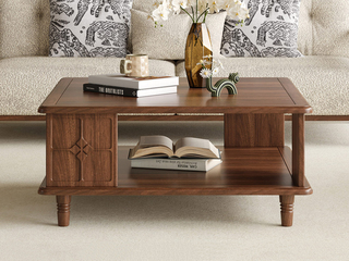  中古风 进口红斑马 质感柔润纹理自然 十字拼花装饰面 开放式储物 0.9米 茶几