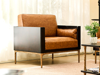  英伦风 进口实木微雕工艺 设计感深浅光影变化 细腻柔韧油蜡仿真皮 Q弹饱满高密度海绵 阿尔贝托雕塑金属高脚 单人位沙发