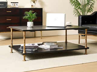  英伦风 进口实木微雕工艺 设计感深浅光影变化 宽阔双层桌面随心置物 阿尔贝托雕塑金属高脚 1.2米 茶几