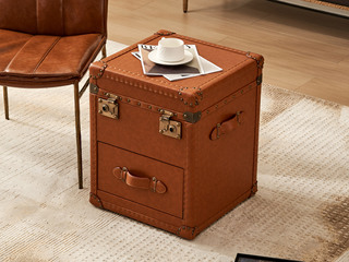  英伦风 细腻柔韧油蜡仿真皮 复古铆钉点缀 大容量储物柜 储物箱角几