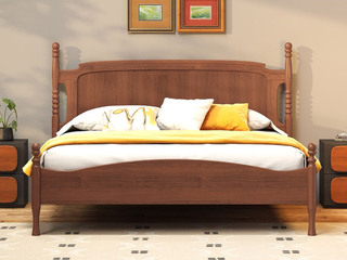  中古风 塞纳床 北美进口红橡木 艺术塞纳水波之形 圆润串珠立柱 厚实稳固床脚 中古色 1.8*2.0米 实木床（搭配松木排骨条）