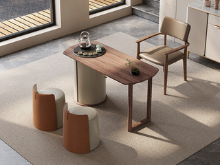  现代极简 天然胡桃木纹+乌金石茶盘台面  全自动隐藏式养生炉 1.4米茶台