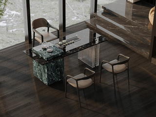  意式极简 黑玫瑰奢石台面+乌金石茶盘  普拉达绿岩板全包裹储物柜  石头纹亚克力镶普拉达绿岩板脚架  全自动智能隐藏式茶艺炉 2.0米茶台（石材纹理随机生成 每一块皆独一无二）