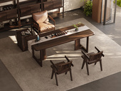 一方茶居 宋式写意茶桌 进口胡桃木大板台面 稳固T字型桌腿设计 新中式 2.2米茶台（不含茶盘）（实木纹理自然生成 每一块木材纹理、颜色天然独一无二）