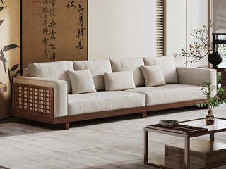  宋式美学 云雅沙发 高品级北美进口白蜡木 舒适透气棉麻布 坐深宽敞肆意躺卧 舒适靠背云感高弹座包 胡桃色 四人位沙发