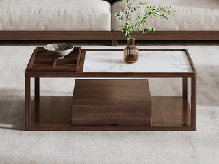  宋式美学 高品级北美进口白蜡木 晶莹柔润岩板 分区置物格有序收纳 双层开放大容量储物 1.4米 胡桃色 茶几