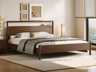  宋式美学 远山床 高品级北美进口白蜡木 连绵起伏山影造型 宽厚实木靠背舒适承托 胡桃色 1.8*2.0米卧室双人床（搭配松木床板条）