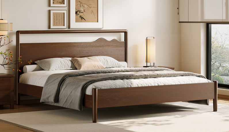 忆宋风华 宋式美学 远山床 高品级北美进口白蜡木 连绵起伏山影造型 宽厚实木靠背舒适承托 胡桃色 1.5*2.0米卧室双人床（搭配松木床板条）