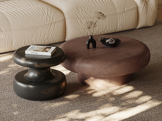  极简风格 纹理细腻胡桃木皮 工字造型小角几 稳固不摇晃 0.9米 茶几组合（大圆+小圆）