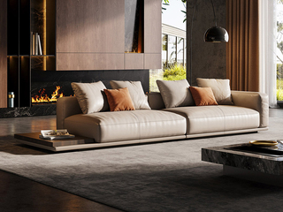  意式极简 地平线真皮沙发 高定头层黄牛皮 北美进口全白蜡木 实用便捷置物小边几 宽大坐深躺靠随心 四人位左扶手沙发