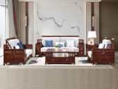 檀影轩 新中式 进口乌金木 纹理自然温润 亲肤透气棉麻布 “浮雕+嵌铜”装饰纹理 立体层次 五金铜套点缀 黑檀色 组合沙发 单人位+双人位+三人位（抱枕花色随机）