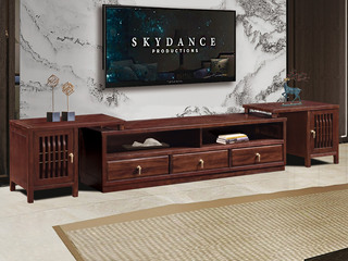  新中式 进口乌金木 纹理自然温润 实木伸缩电视柜 对称三抽设计 科学设计分区多元化储物 格栅柜门装饰 黑檀色 电视柜