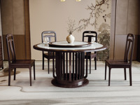 檀影轩 新中式 进口乌金木 纹理自然温润 细腻柔滑岩板 独特镂空竖线桌腿 五金装饰点缀 黑檀色 1.35米 餐桌（搭配80公分转盘）