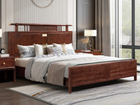 檀影轩 新中式 进口乌金木 纹理自然温润 宽阔床屏舒适大气 传统雅致雕花工艺 精致五金装饰点缀 1.8*2.0米 实木床（搭配松木床板条）