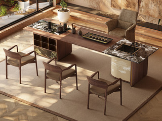  新中式 摩登东方茶台 深胡桃色加厚实木+宝格丽黑奢石台面 不锈钢乱纹拉丝+3D打印山水纹理储物柜 全自动智能纯钛电茶炉 3.3米茶台（不含茶盘）（天然石材，纹理随机 ）（超大件商品，请确认能否进入电梯或楼道）