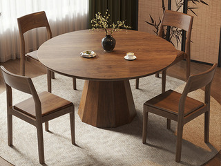  宋式美学 九州实木圆桌 高品级北美进口白蜡木 简约宽大实木台面 精致修饰线条工艺桌腿 胡桃色 1.35米 餐桌