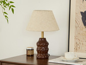 【包邮】格美灯饰 宋式美学风格 橡胶木（实木）+浮雕工艺+铁艺电镀+麻艺布罩 客厅卧室中古系列 实木L2505-米黄-三色 胡桃木色+深咖色灯罩 台灯(含光源 E27)（内蒙古，新疆，西藏，青海，甘肃、宁夏等地区不包邮 运费请咨询客服)