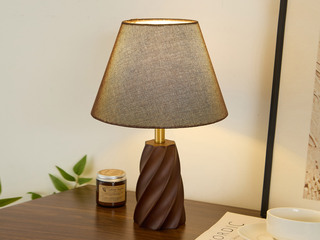 【包邮】 宋式美学风格 橡胶木（实木）+浮雕工艺+铁艺电镀+麻艺布罩 客厅卧室中古系列 实木L2506-咖色-三色 胡桃木色+深咖色灯罩 台灯(含光源 E27)（内蒙古，新疆，西藏，青海，甘肃、宁夏等地区不包邮 运费请咨询客服)