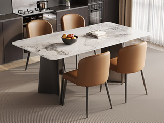  极简风格 淡雅精致亮光香奈儿岩板 防磕碰直边圆角造型台面 独特双C折角造型 灰钛拉丝不锈钢桌腿 1.4米 餐桌