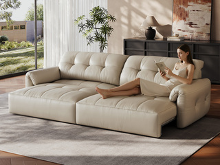  意式极简 云芙电动功能真皮沙发 高定头层黄牛皮 一键启停随时躺平 沙发/床/贵妃 畅享多种模式 蓬松柔软羽绒 高弹海绵饱满拉点 0悬空超贴合 米色 沙发床