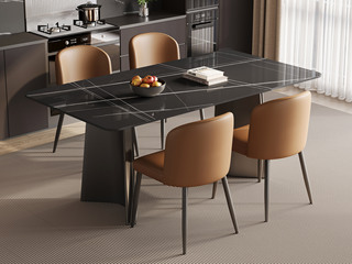  极简风格 典雅奢华劳伦黑金岩板 防磕碰直边圆角造型台面 独特双C折角造型 灰钛拉丝不锈钢桌腿 1.4米 餐桌