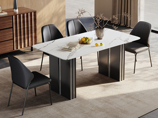  极简风格 雅致光韵中花白大理石 质感柔和通透 线条精致利落 黑钛拉丝+灰钢栅格腿 沉稳轻盈硬核承重 超宽敞桌底空间 1.4米 餐桌