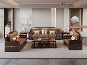 檀雅居 新中式实木沙发 甄选进口金丝檀+乌金木 设计感拼花纹理金线装饰 实木储物扶手 柔软舒适猫抓皮  红檀色 组合沙发 单人位+双人位+三人位（抱枕花色随机）