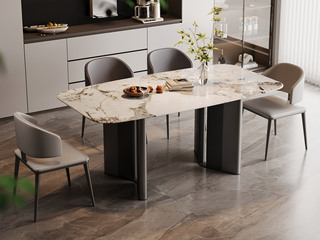  极简风格 甄选高品质潘多拉大理石 纹理细腻光滑 “V”形脚内凹圆润设计 独特工学构造结实稳固 1.6米 餐桌
