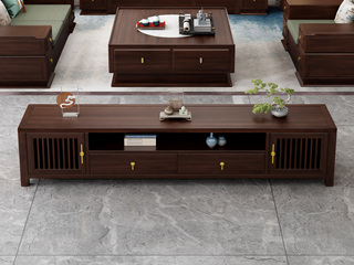  新中式 高品级金丝檀木+进口乌金木 多元化开放格储物+抽屉 格栅装饰柜门 红檀色 2.3米 电视柜