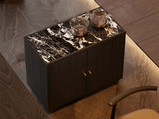  意式极简 宝格丽黑岩板台面茶水柜 全自动智能抽水茶艺炉 茶车 